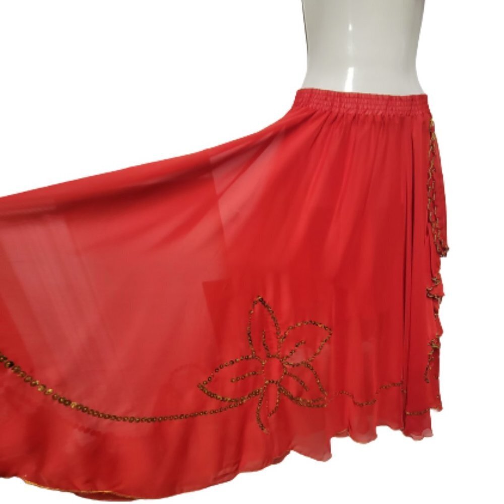 Womens Red Skirt Elastic Waist Skirt Midi Sequin Skirt BellyDance Skirt
